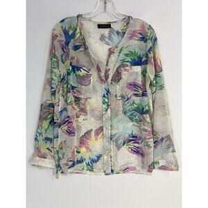 VTG Miss-Q Floral Cream Semi-Sheer Lightweight Long Sleeve Button Up Blouse Sz L